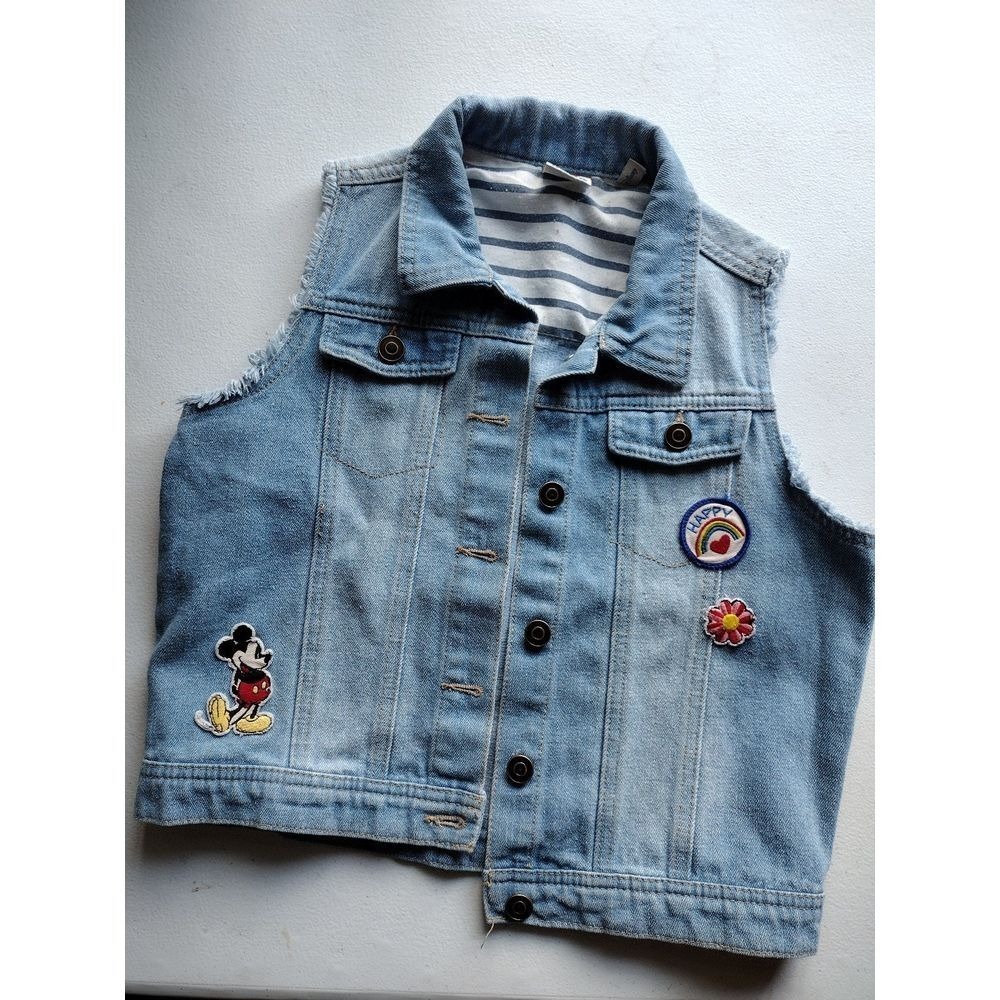 Junk Food Kids Denim Vest Mickey Mouse Rainbow Flower Patches Blue XL